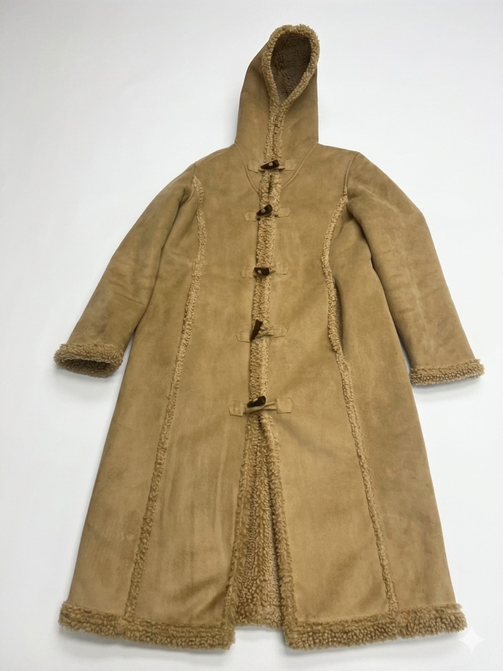 L.L. Bean Faux Suede Shearling Toggle Hooded Duffle Coat Camel Tan Women's L Pet